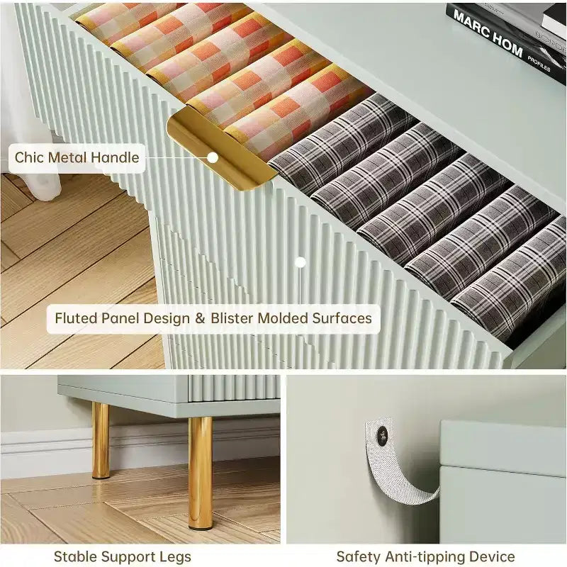 Cassettiera a sei cassetti, mobile contenitore moderno in legno con maniglie in metallo dorato e meccanismo anti-ribaltamento, adatta per camere da letto, soggiorni.