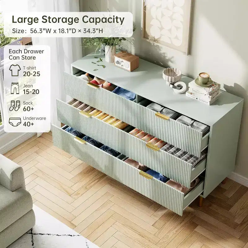 Cassettiera a sei cassetti, mobile contenitore moderno in legno con maniglie in metallo dorato e meccanismo anti-ribaltamento, adatta per camere da letto, soggiorni.