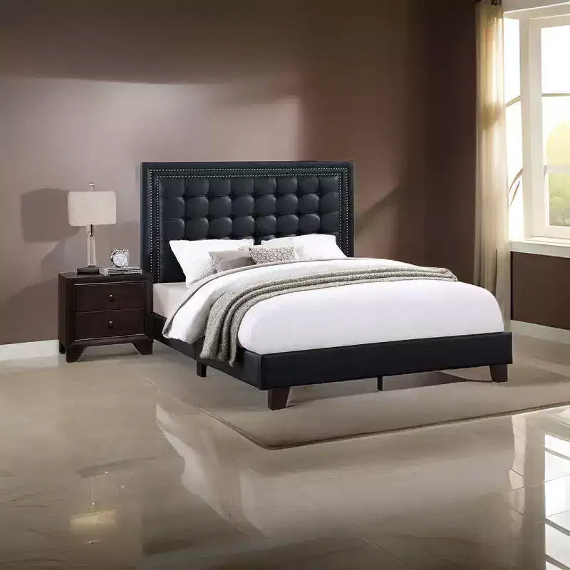 Royal Hampton Modern Platform Queen Bed, Deep Tufted Upholstery, Black Faux Leather