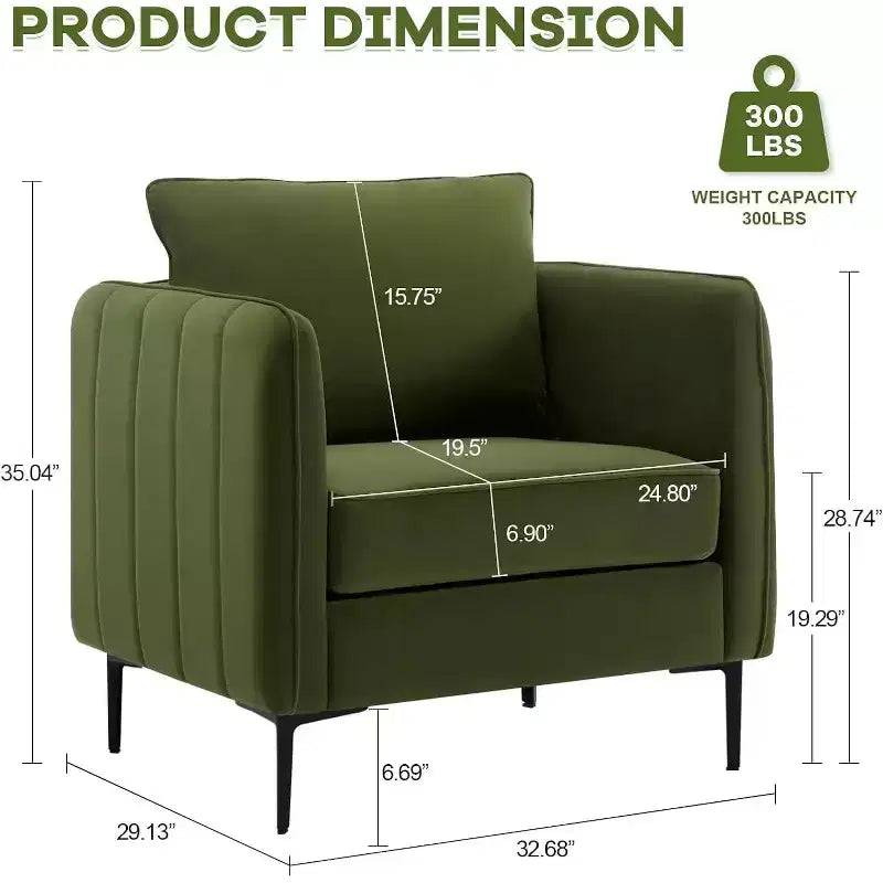 Homy Casa Fauteuil d'appoint moderne en velours avec oreiller et pieds en métal, fauteuil confortable rembourré pour salon, chambre ou coin lecture, vert