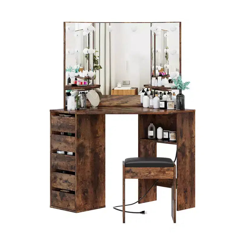 Corner vanity with mirror and lighting, featuring 3 adjustable light colors, 5 drawers, and storage shelves, complete with an LED-lit makeup table.