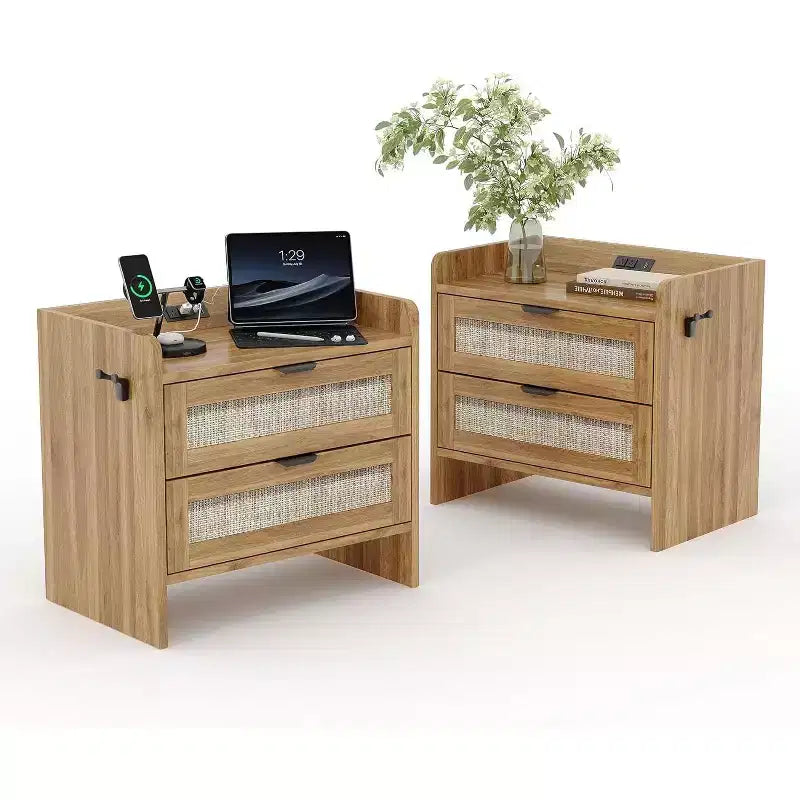 Nightstand Set of 2, Bedside Table,2 Rattan Drawer Storage Space, Night Stand with Type-C Charging Station, End Table, Side Tables