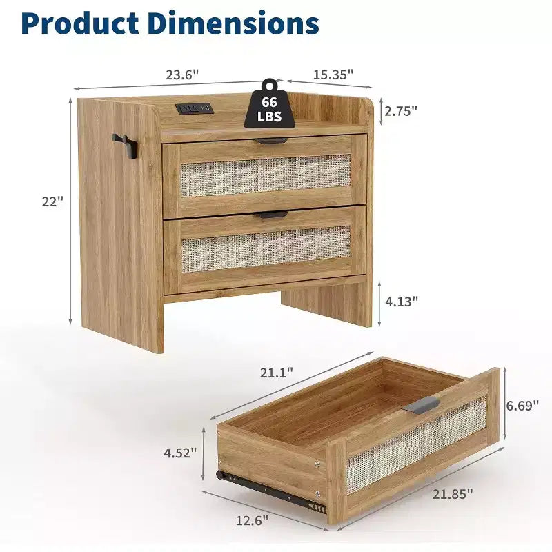 Set di 2 Comodini, Comodino, 2 Cassetti in Rattan per Spazio Contenitore, Comodino con Stazione di Ricarica Type-C, Tavolino, Tavolini Laterali