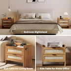 Set di 2 Comodini, Comodino, 2 Cassetti in Rattan per Spazio Contenitore, Comodino con Stazione di Ricarica Type-C, Tavolino, Tavolini Laterali