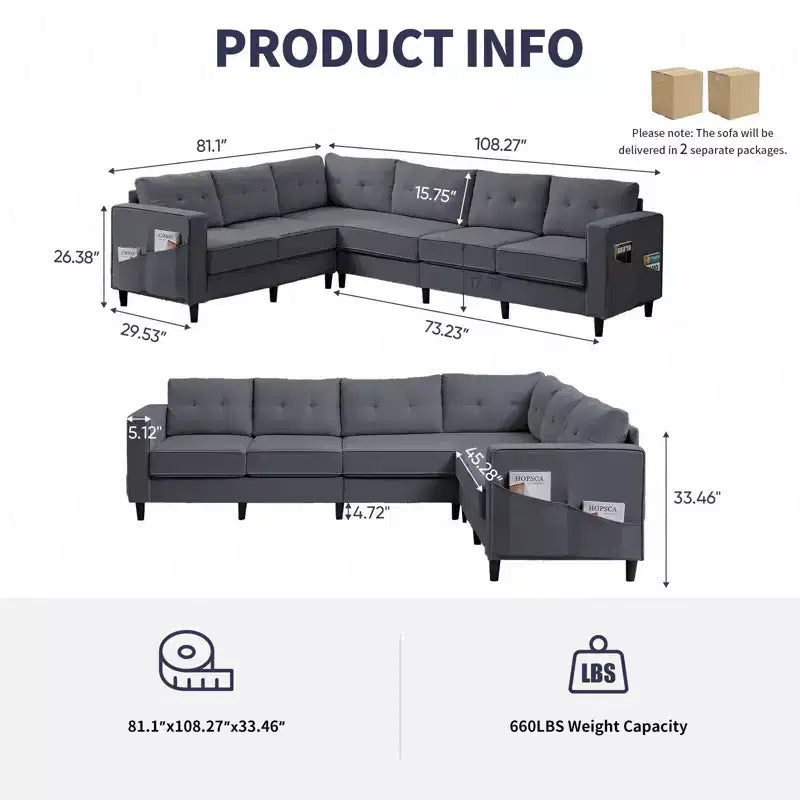 Mjkone 108Canapé d'angle modulaire surdimensionné en velours flocon de neige, canapé d'angle en forme de L avec poche latérale, grand canapé d'angle 6 places