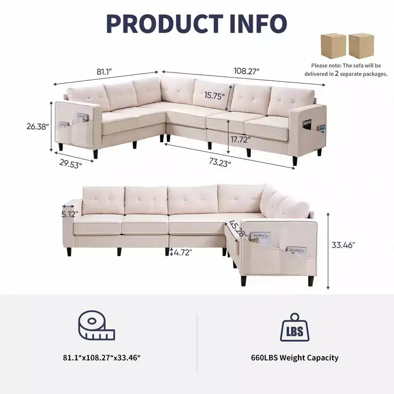 Mjkone 108Canapé d'angle modulaire surdimensionné en velours flocon de neige, canapé d'angle en forme de L avec poche latérale, grand canapé d'angle 6 places