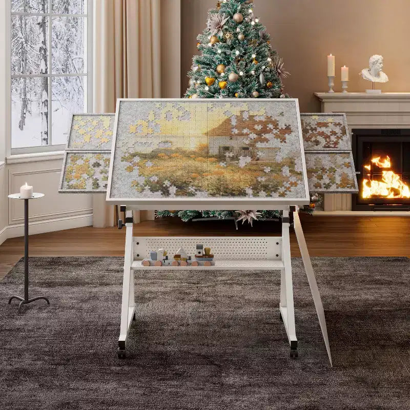 Table à Dessin Réglable et Moderne Okak pour Puzzle, avec Rangement et Roulettes, Bureau de Dessin en Métal pour Adultes et Adolescents