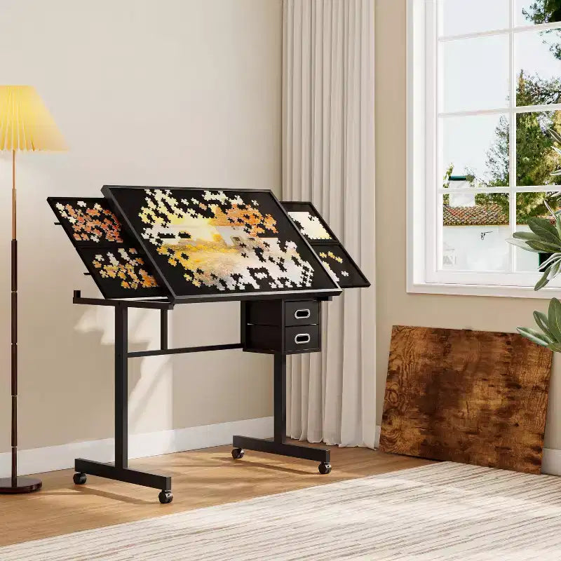 Table à Dessin Réglable et Moderne Okak pour Puzzle, avec Rangement et Roulettes, Bureau de Dessin en Métal pour Adultes et Adolescents