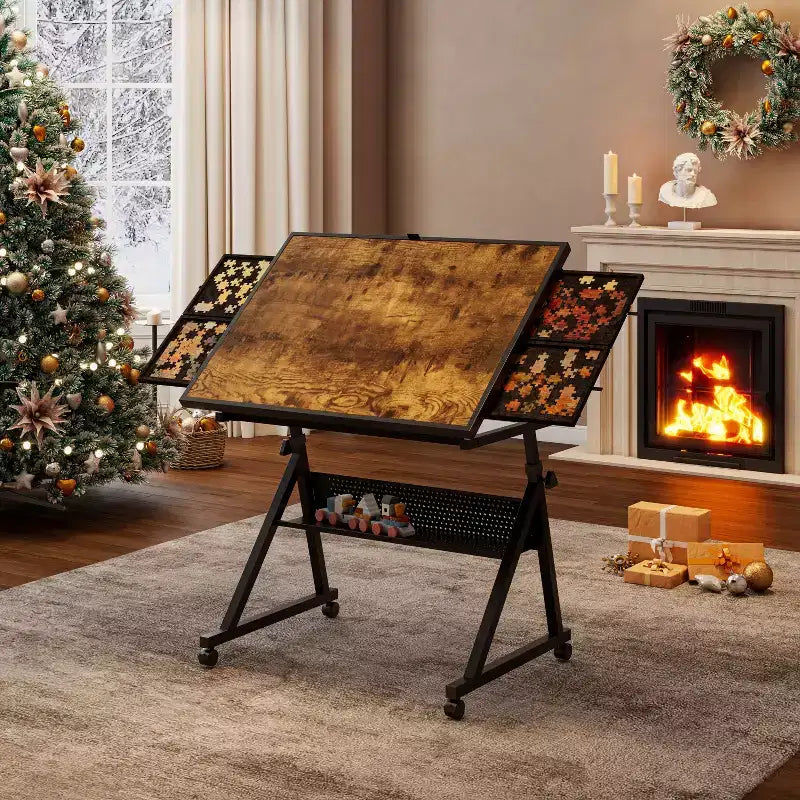 Table à Dessin Réglable et Moderne Okak pour Puzzle, avec Rangement et Roulettes, Bureau de Dessin en Métal pour Adultes et Adolescents