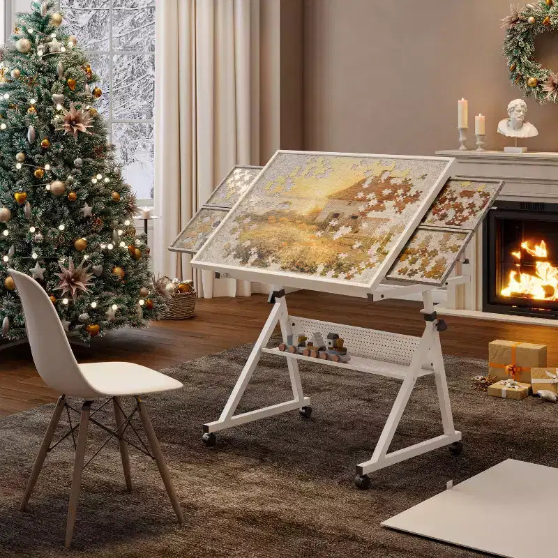 Table à Dessin Réglable et Moderne Okak pour Puzzle, avec Rangement et Roulettes, Bureau de Dessin en Métal pour Adultes et Adolescents