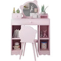 2-in-1 Dressing Table and Stool Set with Drawers & Open Shelves, Bear-Shaped Mirror & Stool, Makeup Dressing Table for Bedroom, Pink