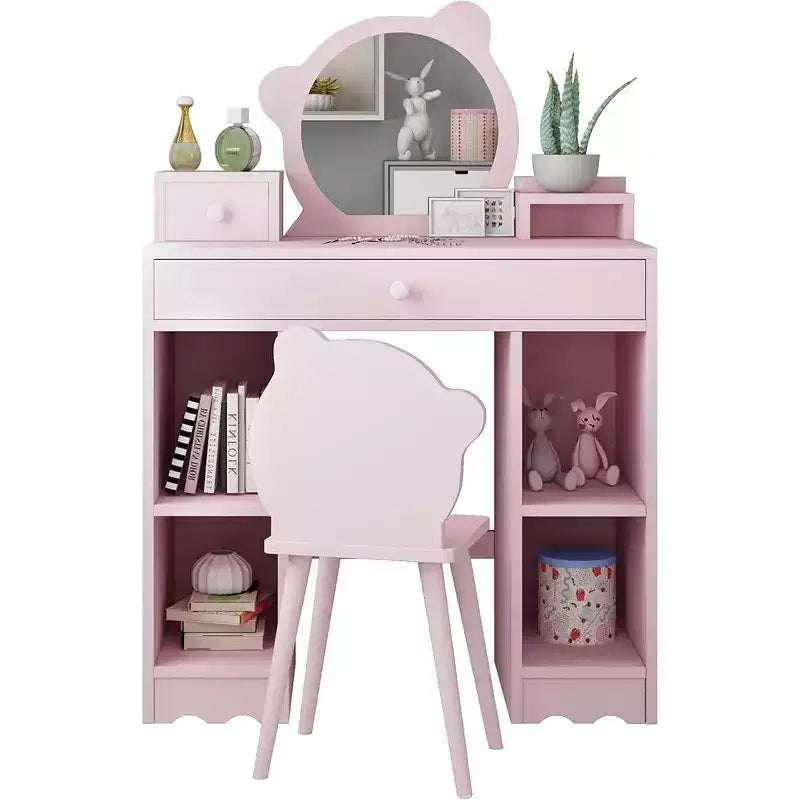 2-in-1 Dressing Table and Stool Set with Drawers & Open Shelves, Bear-Shaped Mirror & Stool, Makeup Dressing Table for Bedroom, Pink