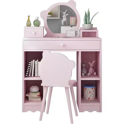 2-in-1 Dressing Table and Stool Set with Drawers & Open Shelves, Bear-Shaped Mirror & Stool, Makeup Dressing Table for Bedroom, Pink