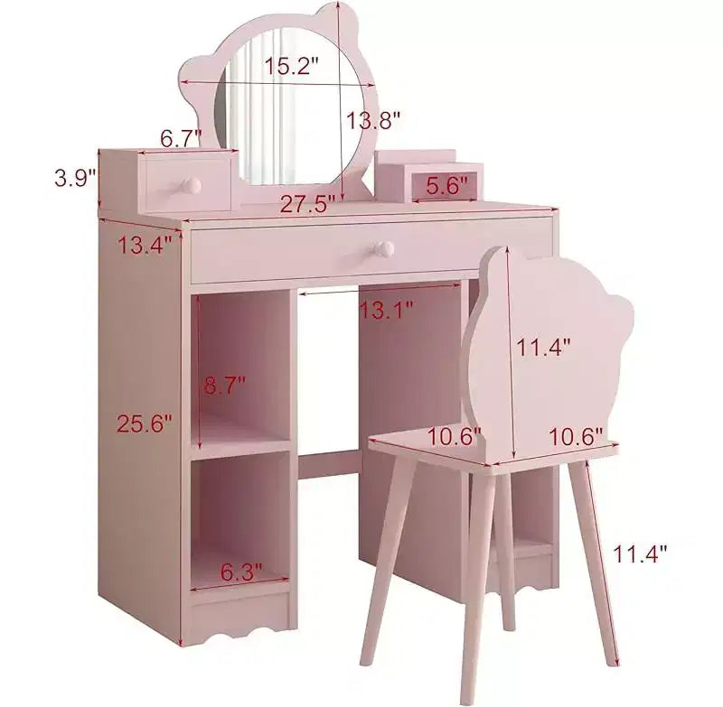 Coiffeuse 2-en-1 avec Tabouret, Tiroirs et Étagères Ouvertes, Miroir et Tabouret en Forme d'Ours, Coiffeuse de Maquillage pour Chambre à Coucher, Rose