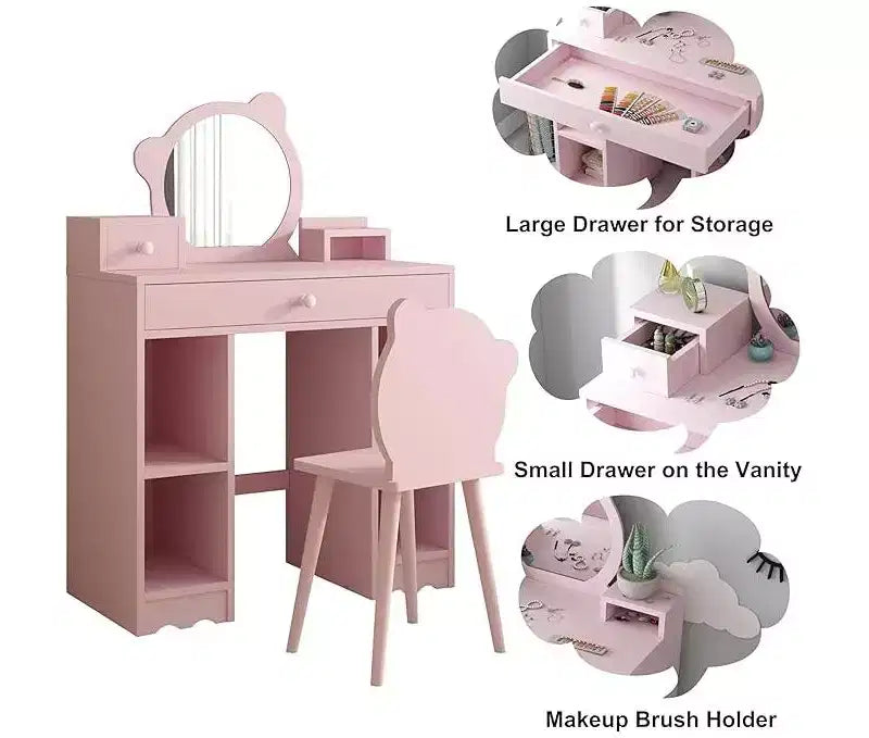 Coiffeuse 2-en-1 avec Tabouret, Tiroirs et Étagères Ouvertes, Miroir et Tabouret en Forme d'Ours, Coiffeuse de Maquillage pour Chambre à Coucher, Rose