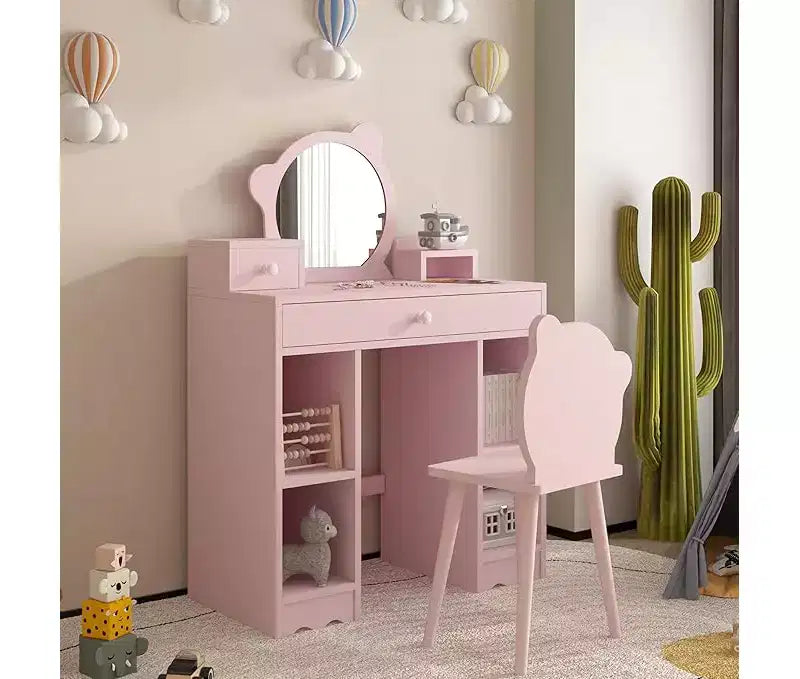 Coiffeuse 2-en-1 avec Tabouret, Tiroirs et Étagères Ouvertes, Miroir et Tabouret en Forme d'Ours, Coiffeuse de Maquillage pour Chambre à Coucher, Rose