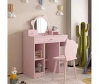 Coiffeuse 2-en-1 avec Tabouret, Tiroirs et Étagères Ouvertes, Miroir et Tabouret en Forme d'Ours, Coiffeuse de Maquillage pour Chambre à Coucher, Rose