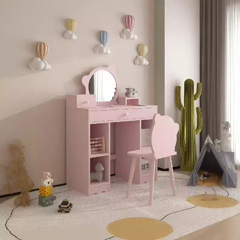 Coiffeuse 2-en-1 avec Tabouret, Tiroirs et Étagères Ouvertes, Miroir et Tabouret en Forme d'Ours, Coiffeuse de Maquillage pour Chambre à Coucher, Rose