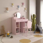 Coiffeuse 2-en-1 avec Tabouret, Tiroirs et Étagères Ouvertes, Miroir et Tabouret en Forme d'Ours, Coiffeuse de Maquillage pour Chambre à Coucher, Rose
