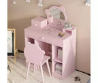 Coiffeuse 2-en-1 avec Tabouret, Tiroirs et Étagères Ouvertes, Miroir et Tabouret en Forme d'Ours, Coiffeuse de Maquillage pour Chambre à Coucher, Rose