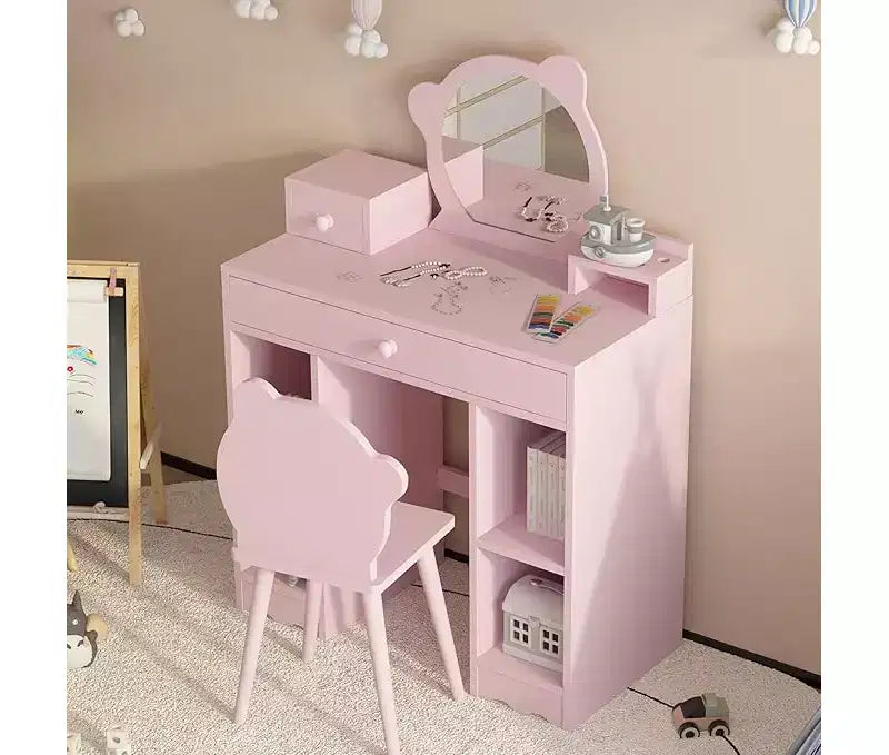 Coiffeuse 2-en-1 avec Tabouret, Tiroirs et Étagères Ouvertes, Miroir et Tabouret en Forme d'Ours, Coiffeuse de Maquillage pour Chambre à Coucher, Rose
