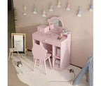 Coiffeuse 2-en-1 avec Tabouret, Tiroirs et Étagères Ouvertes, Miroir et Tabouret en Forme d'Ours, Coiffeuse de Maquillage pour Chambre à Coucher, Rose
