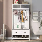 Okak 69IN Farmhouse Hall Tree with 6 Hooks and Hinged Lid, Coat Rack with Storage Bench, Entryway Storage for Living Room, Hallway, White