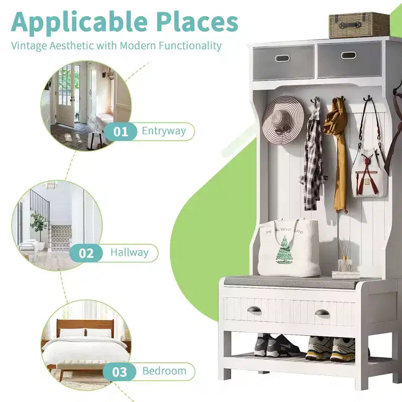 Okak 69IN Armadio da Ingresso con 6 Ganci e Coperchio a Cerniera, Appendiabiti con Panca Contenitore, Portaoggetti da Ingresso per Soggiorno, Corridoio, Bianco