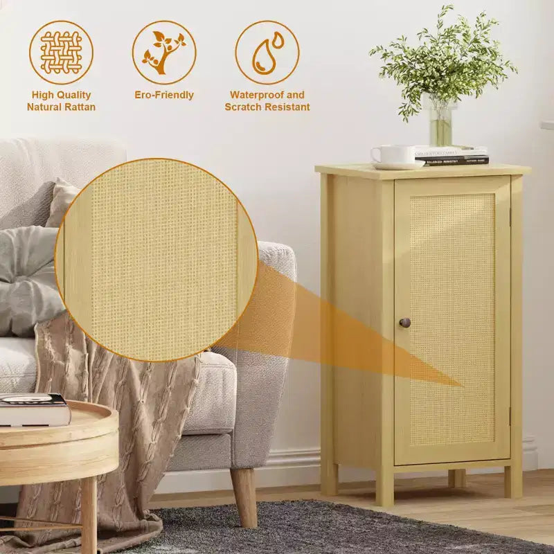 Comodino moderno con contenitore, tavolino da divano in legno da 40 cm di larghezza, tavolino stretto in rattan, tavolino da comodino per soggiorno, camera da letto, divano