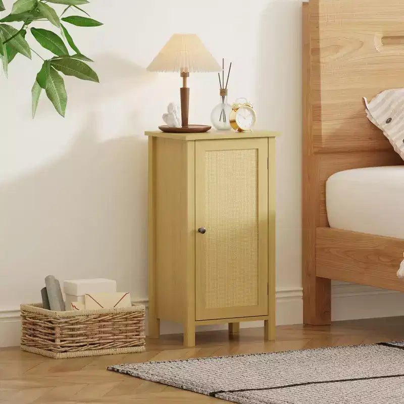 Comodino moderno con contenitore, tavolino da divano in legno da 40 cm di larghezza, tavolino stretto in rattan, tavolino da comodino per soggiorno, camera da letto, divano