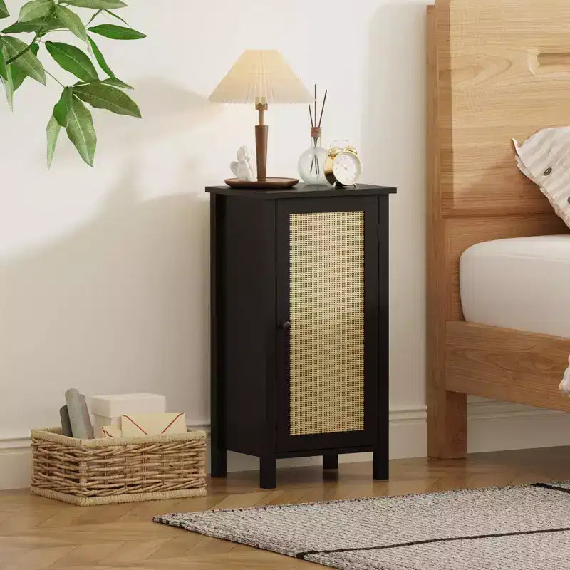 Comodino moderno con contenitore, tavolino da divano in legno da 40 cm di larghezza, tavolino stretto in rattan, tavolino da comodino per soggiorno, camera da letto, divano