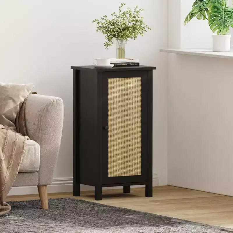 Modern Nightstand with Storage, 15.8W Wooden Sofa Side Table, Rattan Slim End Table, Bedside Table for Living Room Bedroom Sofa Couch
