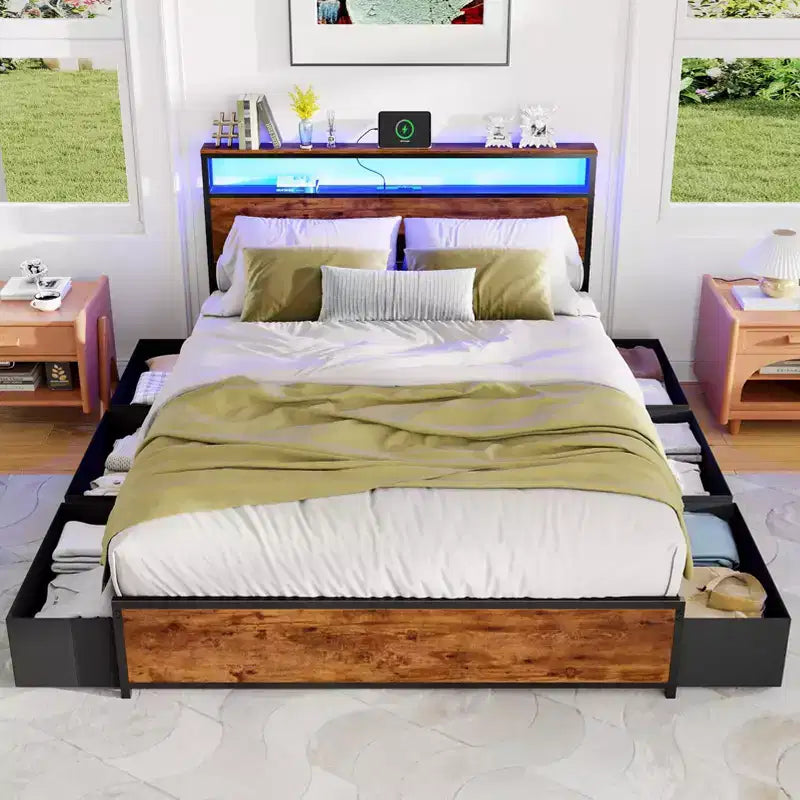 Cadre de lit plateforme Queen en métal avec 6 tiroirs de rangement, tête de lit bibliothèque, station de charge, lumières LED, support robuste, pas besoin de sommier tapissier