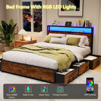Cadre de lit plateforme Queen en métal avec 6 tiroirs de rangement, tête de lit bibliothèque, station de charge, lumières LED, support robuste, pas besoin de sommier tapissier