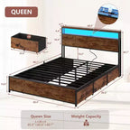 Cadre de lit plateforme Queen en métal avec 6 tiroirs de rangement, tête de lit bibliothèque, station de charge, lumières LED, support robuste, pas besoin de sommier tapissier