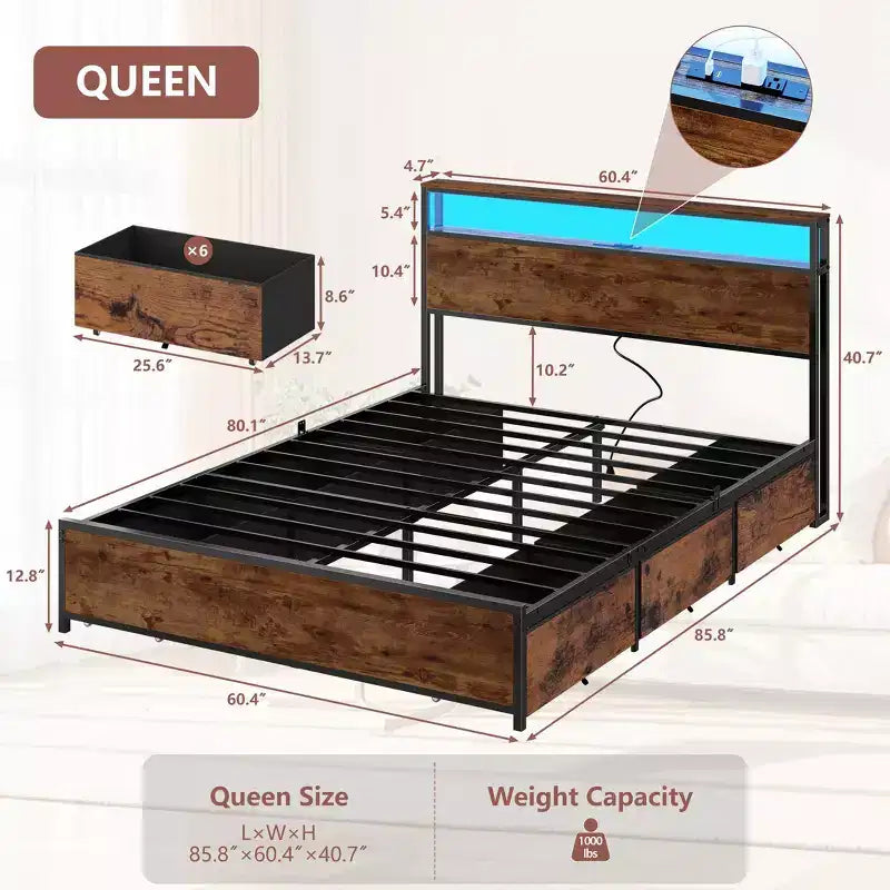 Cadre de lit plateforme Queen en métal avec 6 tiroirs de rangement, tête de lit bibliothèque, station de charge, lumières LED, support robuste, pas besoin de sommier tapissier