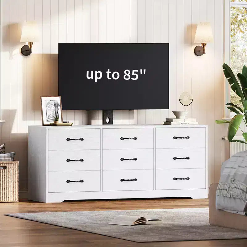 Mobile TV in legno a 9 cassetti con supporto, porta TV per televisori da 32-85 pollici, console multimediale grande per centro di intrattenimento
