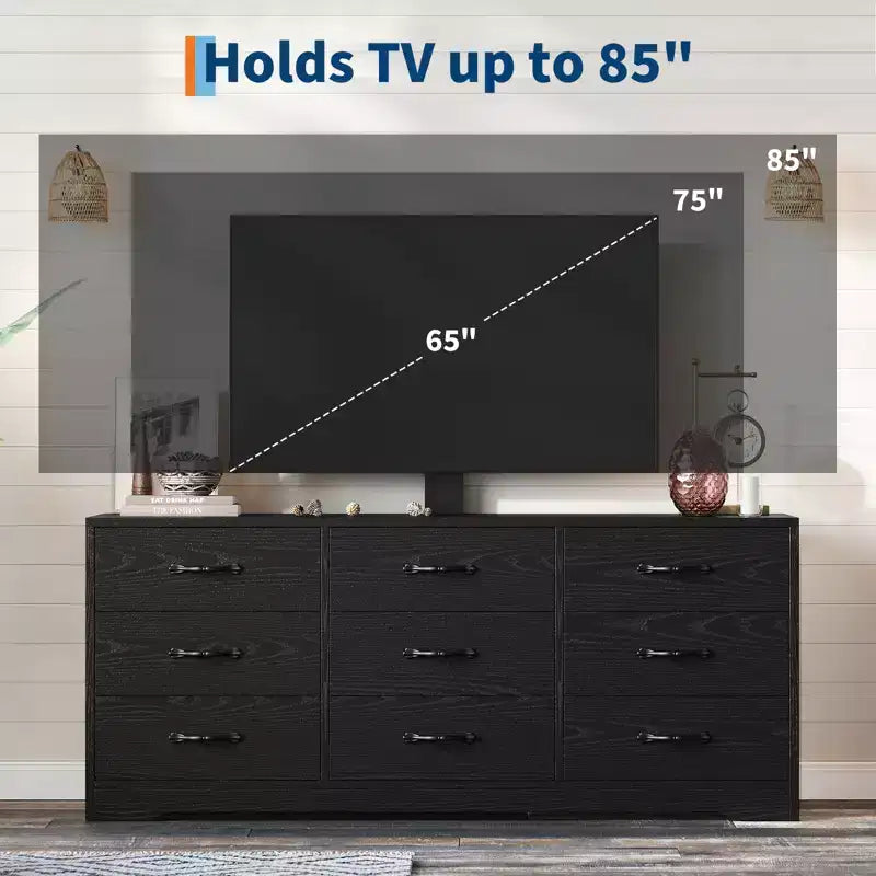 Mobile TV in legno a 9 cassetti con supporto, porta TV per televisori da 32-85 pollici, console multimediale grande per centro di intrattenimento