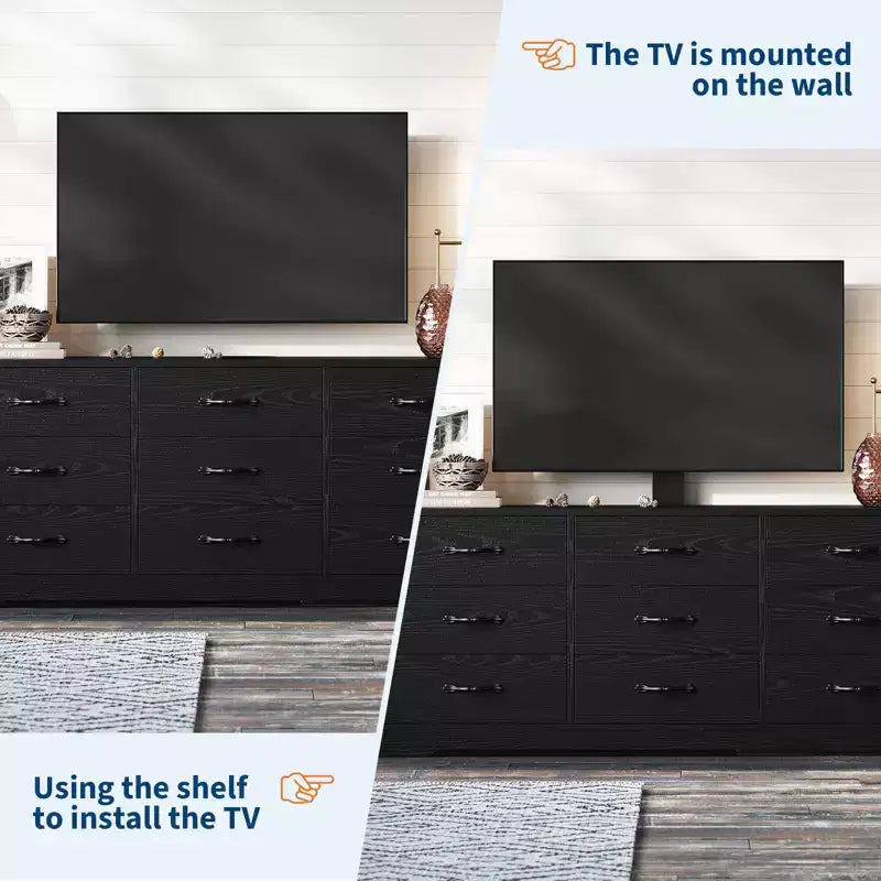 Mobile TV in legno a 9 cassetti con supporto, porta TV per televisori da 32-85 pollici, console multimediale grande per centro di intrattenimento