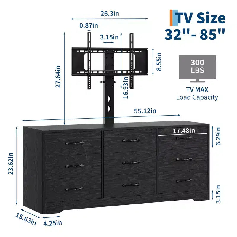 Mobile TV in legno a 9 cassetti con supporto, porta TV per televisori da 32-85 pollici, console multimediale grande per centro di intrattenimento