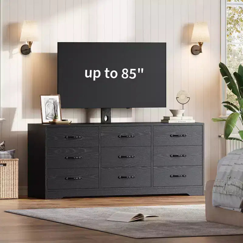 Mobile TV in legno a 9 cassetti con supporto, porta TV per televisori da 32-85 pollici, console multimediale grande per centro di intrattenimento
