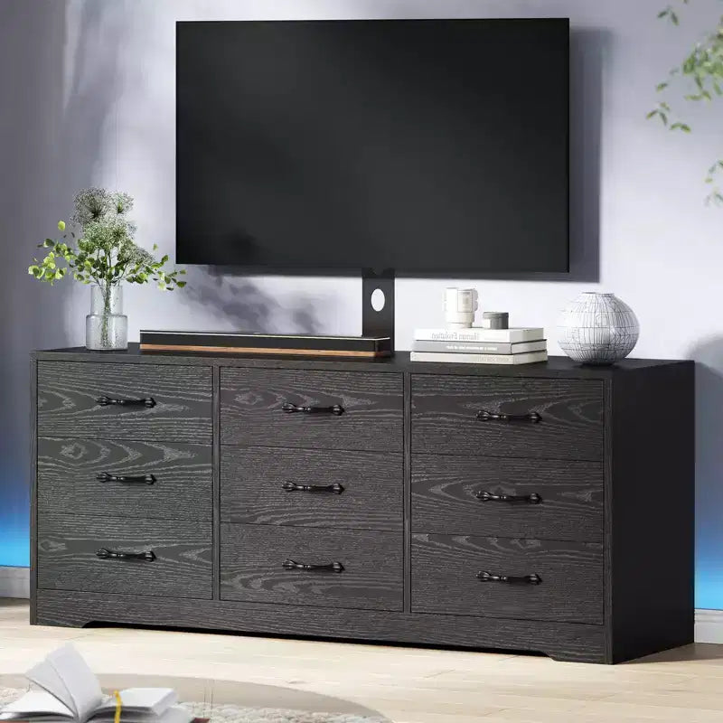 Wood 9 Drawers TV Stand with Mount,Television Stand for 32-85 inch TVs, Large Entertainment Center Media Console