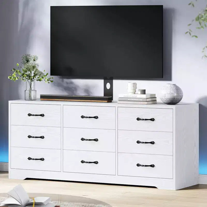 Meuble TV en bois à 9 tiroirs avec support, meuble TV pour téléviseurs de 32 à 85 pouces, grand meuble de divertissement