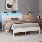 Cadre de lit blanc Queen Size avec lumières LED Station de charge Tête de lit rembourrée en similicuir avec étagère Plateforme sans sommier Moderne