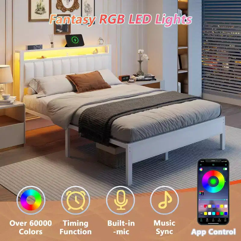 Cadre de lit blanc Queen Size avec lumières LED Station de charge Tête de lit rembourrée en similicuir avec étagère Plateforme sans sommier Moderne