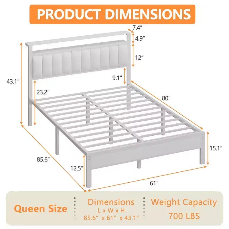 Cadre de lit blanc Queen Size avec lumières LED Station de charge Tête de lit rembourrée en similicuir avec étagère Plateforme sans sommier Moderne