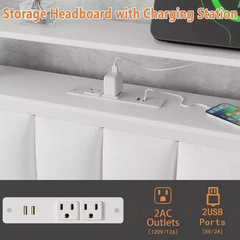Cadre de lit blanc Queen Size avec lumières LED Station de charge Tête de lit rembourrée en similicuir avec étagère Plateforme sans sommier Moderne