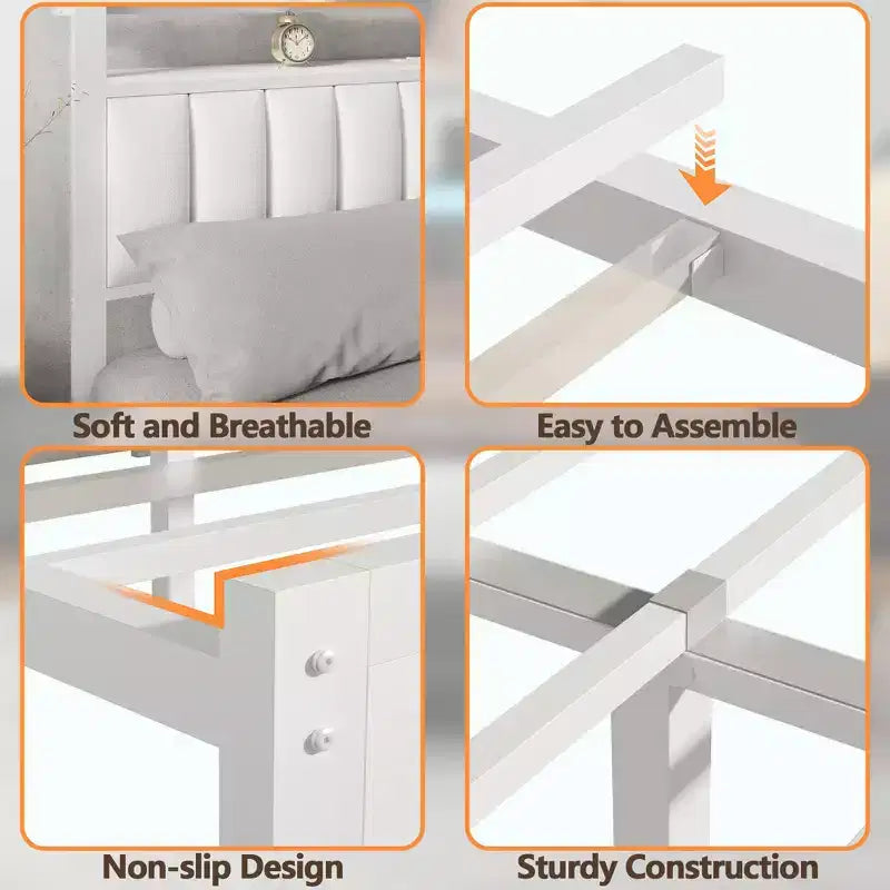 Cadre de lit blanc Queen Size avec lumières LED Station de charge Tête de lit rembourrée en similicuir avec étagère Plateforme sans sommier Moderne