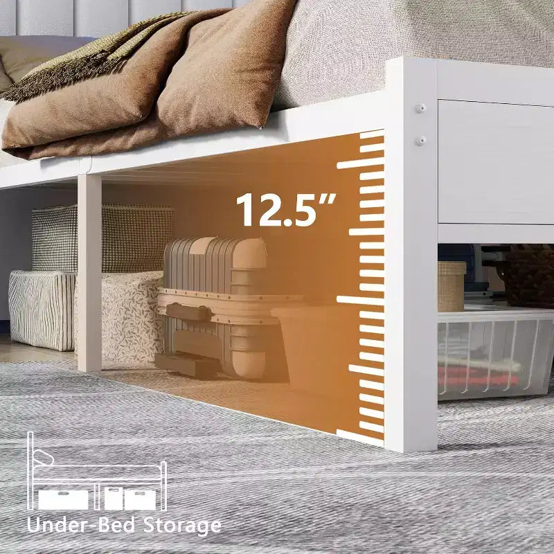 Cadre de lit blanc Queen Size avec lumières LED Station de charge Tête de lit rembourrée en similicuir avec étagère Plateforme sans sommier Moderne