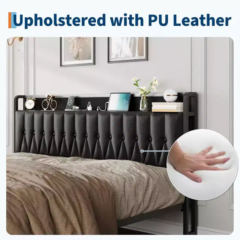 Struttura letto in ecopelle PU con testiera imbottita, struttura letto a piattaforma in metallo con contenitore, nessun bisogno di rete a doghe, colore nero